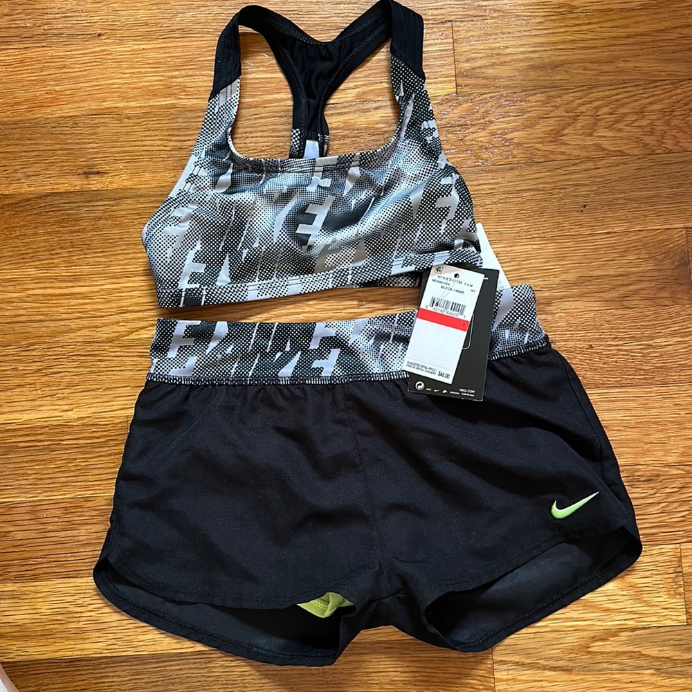 NEW with Tags - NIKE athletic 2pc swim, size  7 black/lime green
